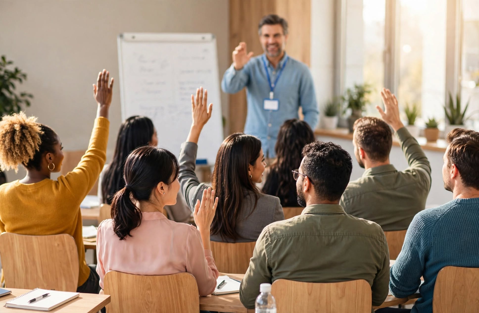 Alumnos de una academia levantando la mano en clase