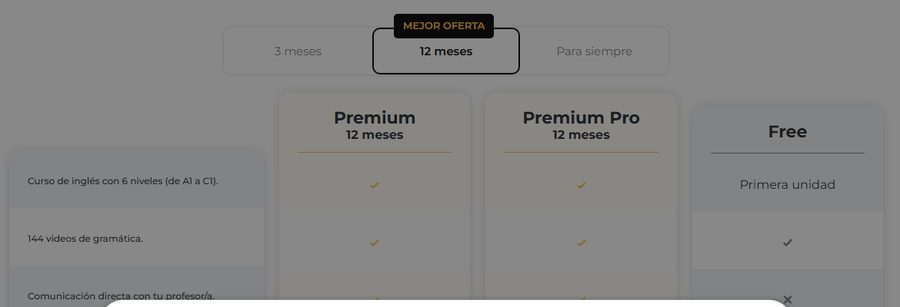 Captura de la página de precios de ABA English: las pestañas de 3 meses, 12 meses y Para siempre, y las columnas Premium, Premium Pro y Free, sin ningún importe debajo