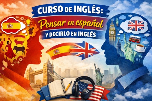 Dos cabezas de perfil enfrentadas, una con s&iacute;mbolos espa&ntilde;oles y otra con s&iacute;mbolos brit&aacute;nicos, bajo el t&iacute;tulo Curso de ingl&eacute;s: pensar en espa&ntilde;ol y decirlo en ingl&eacute;s