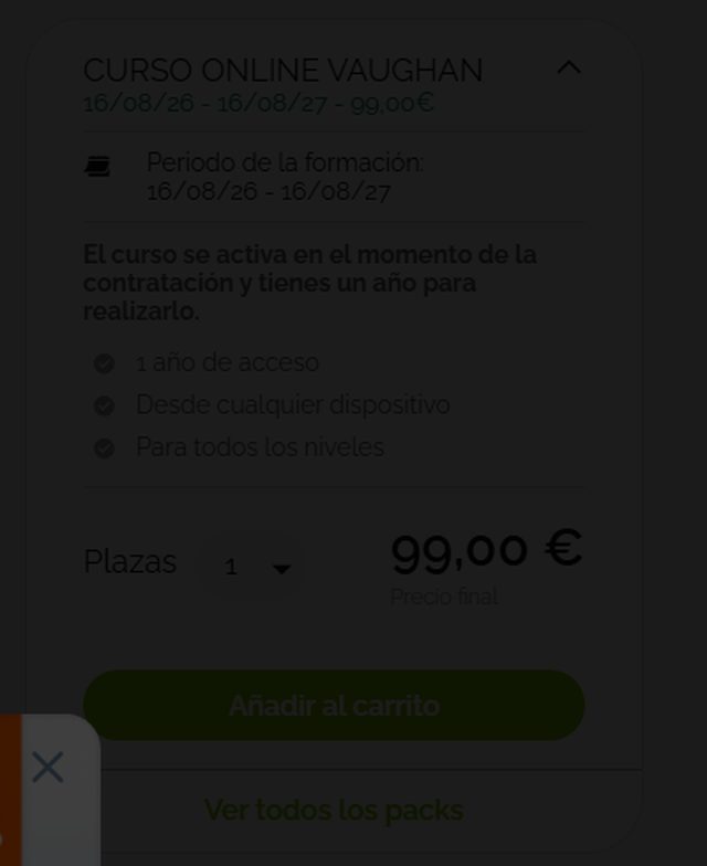 Captura de la ficha del curso de autoestudio de Vaughan con el precio de 99,00 euros y el periodo de formación de un año